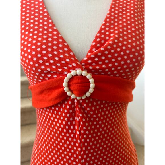 Eva Franco Coral Orange & White Polka Dot Belted Knit Dress - Picture 2 of 7